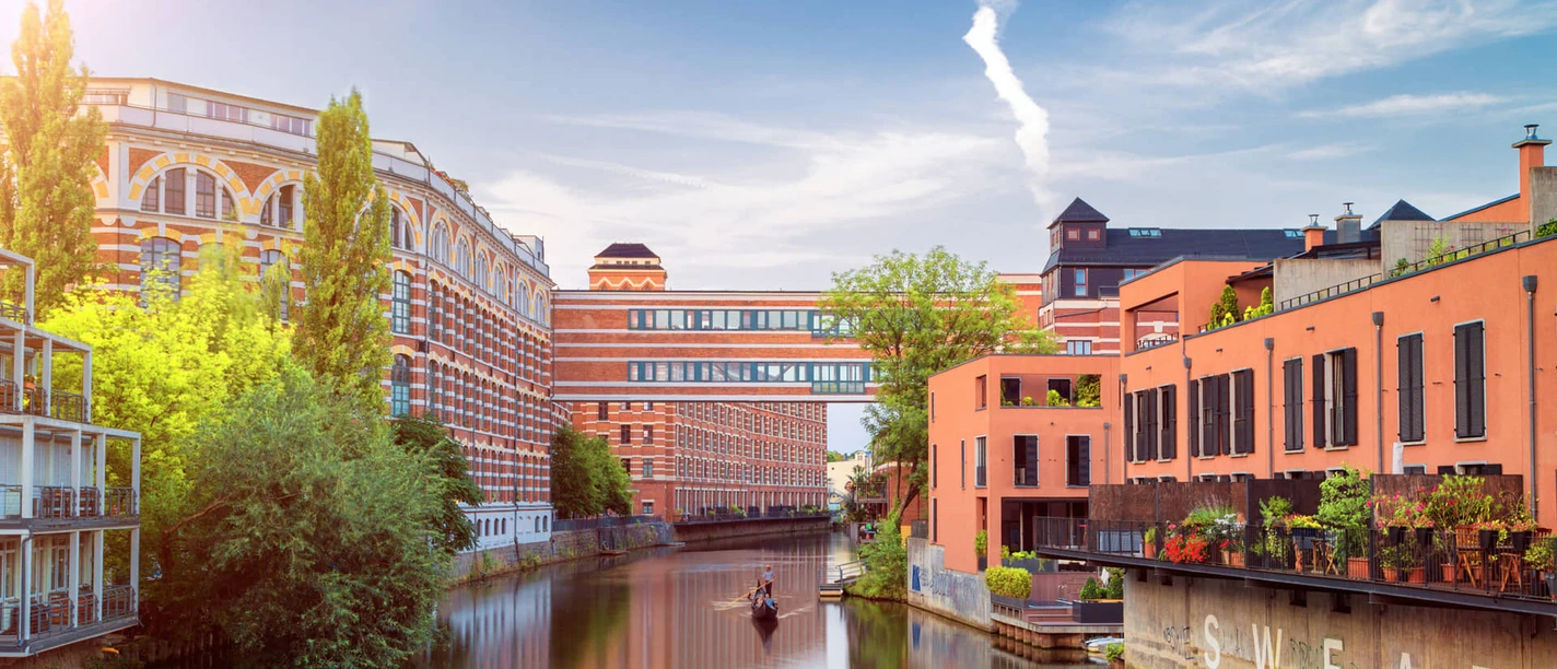 View of the Buntgarnwerke, the industrial monument on the White Elster, industrial architecture, industrial culture in Leipzig, water sports, boat hire