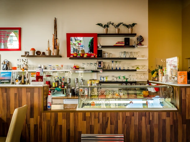 View of the counter and the ice cream selection from our own production, glass display case, decoration and more, cafe, ice cream parlor, leisure time