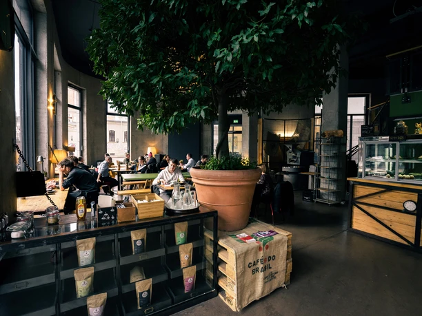 Franz Morish - Kavárny v Lipsku Pohled do velké kavárny Franz Morish se zaměřením na posezení, vybavení, rostliny a atmosféru restaurace.