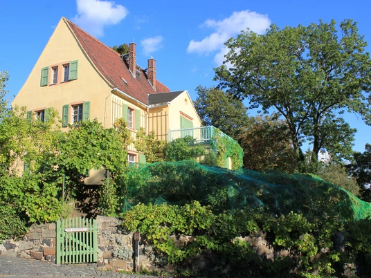 Göschenhaus Grimma mit Göschengarten Das Göschenhaus in Grimma, ein malerisches, gelb gestrichenes Fachwerkhaus, umgeben von üppigem Grün, mit einem blauen Himmel im Hintergrund.