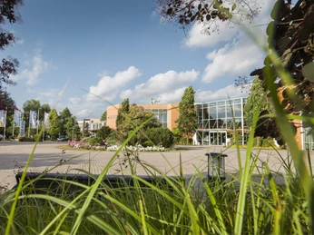 HEIDE SPA Bad Düben - Wellness in Leipzig und Region Blick auf die begrünte Anlage des Heide Spa Bad Düben Resorts bei sonnigem Wetter, Ausflug, Freizeit, Wellness
