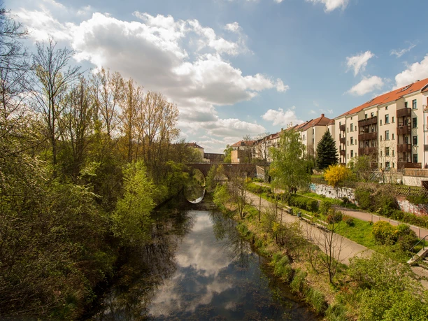 Der Karl-Heine-Kanal im Frühjahr, umgeben von grün werdenden Bäumen, mit einer Brücke und auf der rechten Seite Wohnhäusern mit Balkonen