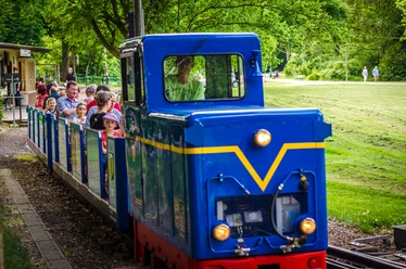Widok na kolejkę Royal Blue Park, która biegnie przez park pełen pasażerów; lato, rodzina, wycieczka