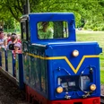 Parkeisenbahn am Auensee - Leipzig mit Kindern Blick auf die königsblaue Parkeisenbahn, die voll besetzt durch den Parkk fährt; Sommer, Familie, Ausflug