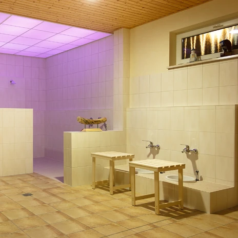 Douche avec éclairage lilas et bains de pieds dans la maison Seestern au Seepark Auenhain dans la région de Leipzig, bien-être, spa