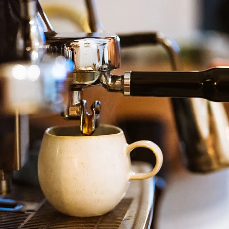 Une tasse de café est placée sous une machine à porte-filtre au Roots Pflanzencafé, gastronomie, café