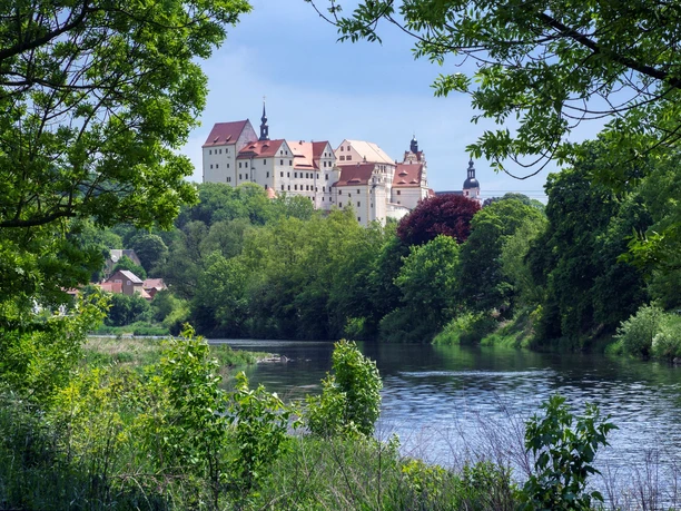 Widok z drugiego brzegu rzeki na zamek Colditz, który góruje nad Muldą w regionie Lipska