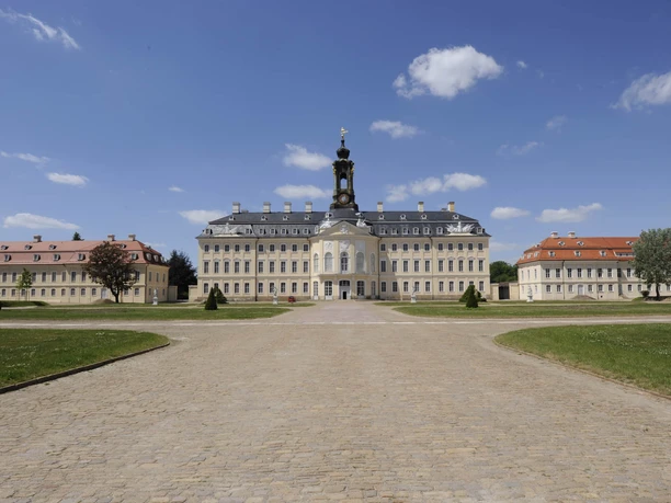 Panoramic view of Hubertusburg Castle in Wermsdorf with parts of the castle park in the foreground, culture, sights