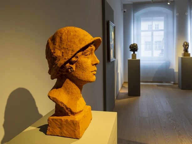 View of an exhibition room in the Waldheim City and Museum House with portrait busts and small sculptures in bronze, terracotta and cast stone by Georg Kolbe, Leipzig region, excursion