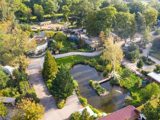The aerial view from the Delitzsch Zoo shows the four-hectare area in the Loberaue with its enclosures, Leipzig Region, family outing