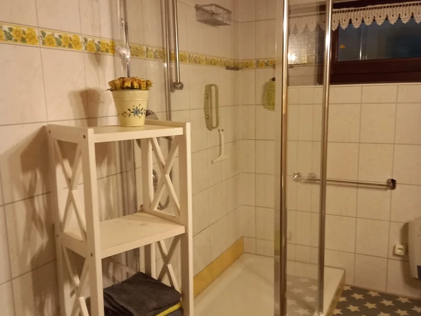 Bad Eckdusche mit Haltegriff und Holzregal zur Ablage.