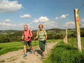 Sportliches Wandern bei Velbert-Neviges Zwei Personen wandern mit Trekkingstöcken auf einem Weg durch eine grüne, hügelige Landschaft bei Velbert.