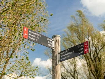 Beschilderung am neanderland-STEIG nahe Velbert-Neviges Wegweiser auf Holzpfahl mit Entfernungsangaben zu Wanderzielen am neanderland-STEIG nahe Velbert.