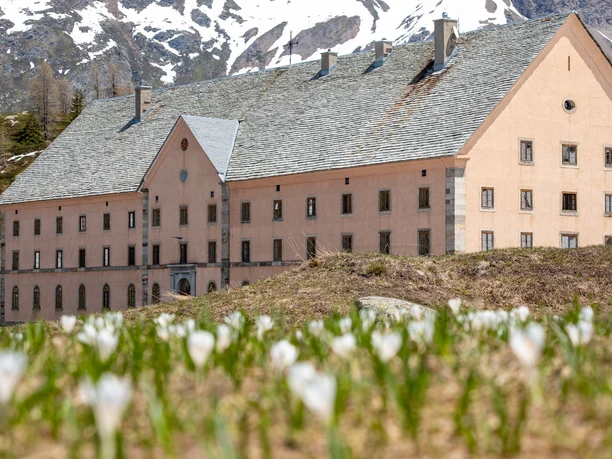 Hospiz frühling.jpg Aussenaufnahme des Hospizes auf dem Simplonpass