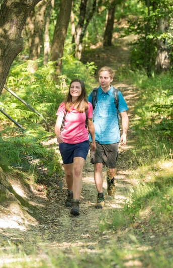 Unterwegs auf schmalen Pfaden durch verwunschen wirkende Wälder Zwei Personen spazieren auf einem schmalen Waldpfad, umgeben von dichtem Grün und Bäumen.