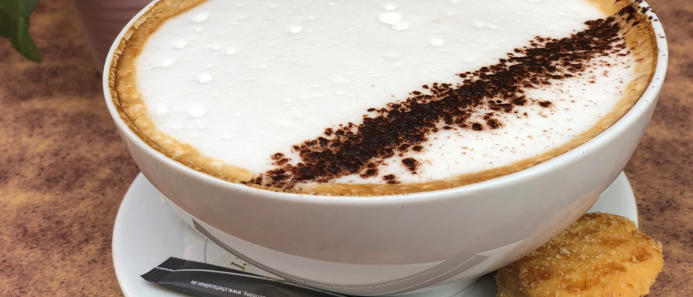 Een grote kop latte, overgoten met schuim en cacaopoeder, op een schoteltje met koekjes.