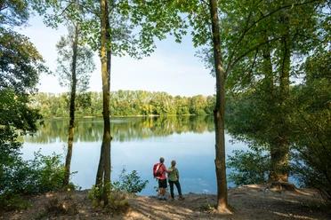Blick auf den Menzelsee bei Hilden Zwei Personen stehen am Waldufer und blicken auf den ruhigen Menzelsee mit grüner Vegetation.