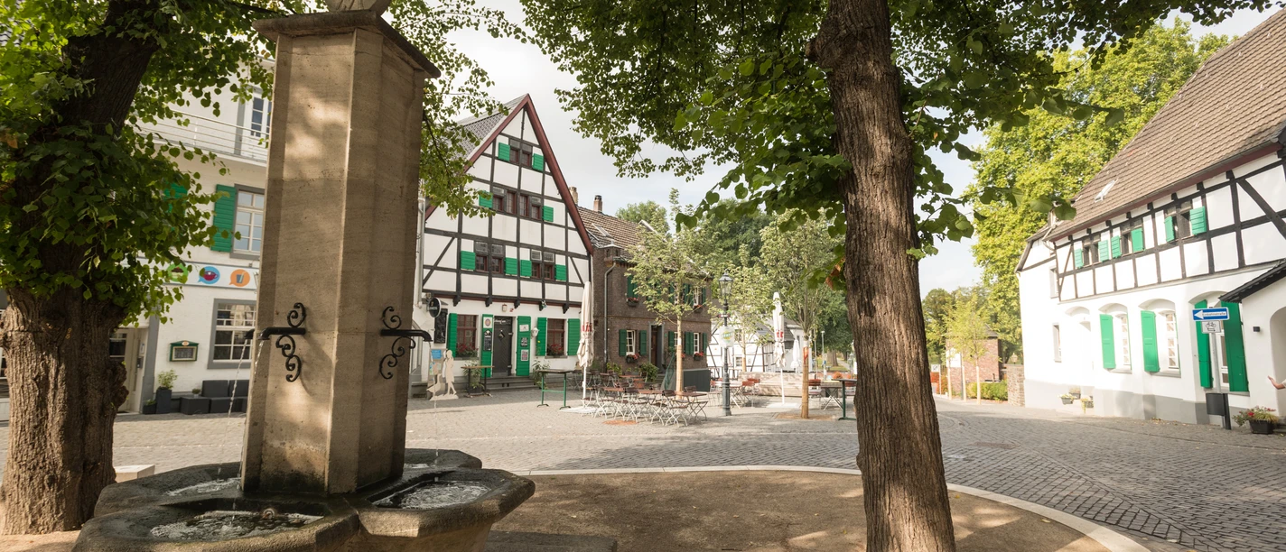 Monheimer Altstadt Historischer Marktplatz in der Monheimer Altstadt mit Fachwerkhäusern und einem steinernen Brunnen.