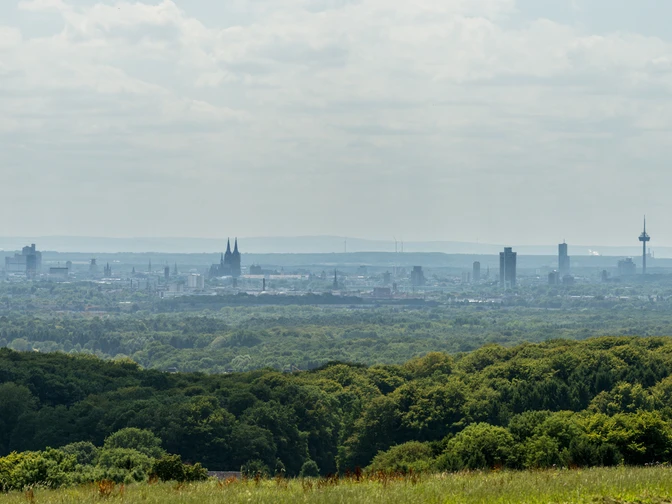 Odenthal Panoramablick auf Kölns Skyline mit Dom, umgeben von grünen Wäldern und sanften Hügeln im Vordergrund.