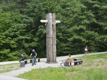 Wanderkreuz (3) @LTM GmbH.JPG Ein hölzernes Wanderkreuz mit Wegweisern steht vor grünen Bäumen, umgeben von Radfahrern und Sitzbänken.