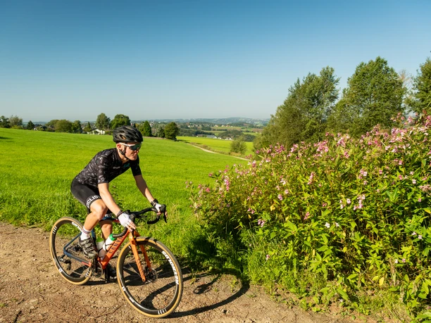 Gravelbike Radfahrer auf Schotterweg neben blühender Wiese in landschaftlicher Umgebung unter blauem Himmel.