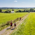 Wandern Heckberg Wanderer genießen einen sonnigen Tag auf einem breiten Feldweg in einer weitläufigen, grünen Landschaft.