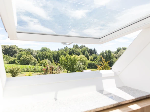 Comfort-Zimmer Ausblick ins Grüne durch ein geöffnetes Dachfenster, sonniger Himmel, umgeben von Bäumen und Wiesen.