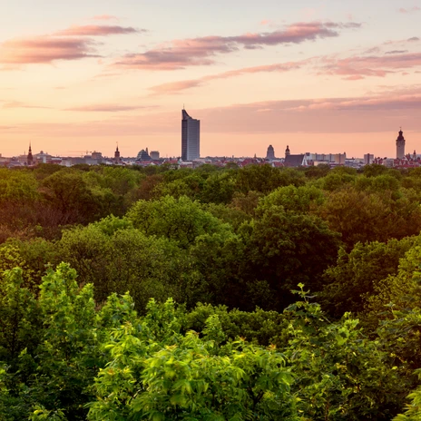 View from the Wackelturm tower over the skyline and the Rosental park near Leipzig Zoo, skyline, Panorama Tower, city skyscraper, leisure time