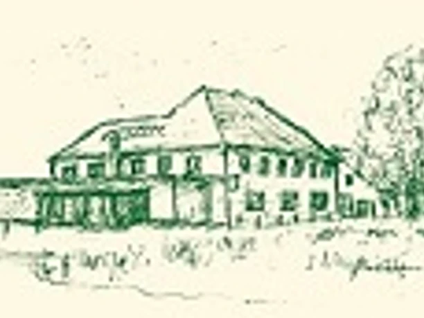 Historische Skizze eines großen Landhauses mit Satteldach, umgeben von Bäumen und Wiese.