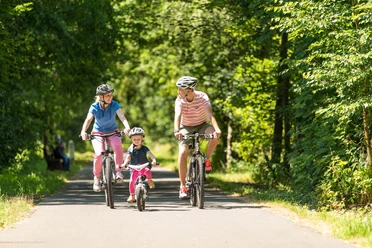Eine Familie mit einem Kind, alle mit Helmen, fährt auf einem sonnigen Waldweg Rad.