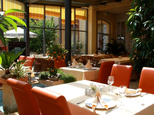 Wintergarten Restaurant Parkhotel Bad Schandau Světlá restaurace s oranžovými židlemi, prostřenými stoly a rostlinami. Velká okna propouštějí dostatek světla a atmosféra je příjemná.