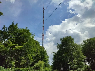 Ein hoher Sendemast ragt über grüne Baumwipfel, umgeben von blauem Himmel und weißen Wolken.