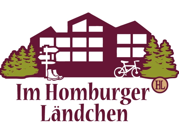 logo-im-homburger-ländchen-1000px.jpg Logo des Hotels "Im Homburger Ländchen" mit Bergen, Wanderstiefeln und Fahrrad, umgeben von Bäumen.