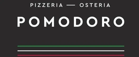 Osteria Pomodoro_Willkommen Logo der Pizzeria Osteria Pomodoro mit stilisierten grünen, weißen und roten Streifen darunter.