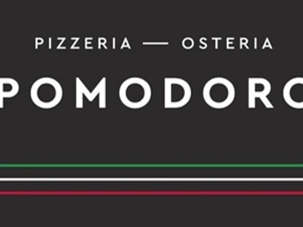 Osteria Pomodoro_Willkommen Logo der Pizzeria Osteria Pomodoro mit stilisierten grünen, weißen und roten Streifen darunter.
