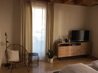 Gemütliches Wohnzimmer mit TV, Korbsessel und Lampe. Helle Vorhänge lassen Tageslicht herein.