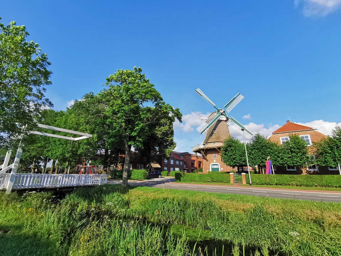 Rhauderfehn_Mühle Hahnentange_01.02.21_mk (6).jpg Historische Windmühle mit vier Flügeln neben einem Kanal, umgeben von Bäumen und Wohnhäusern unter blauem Himmel.