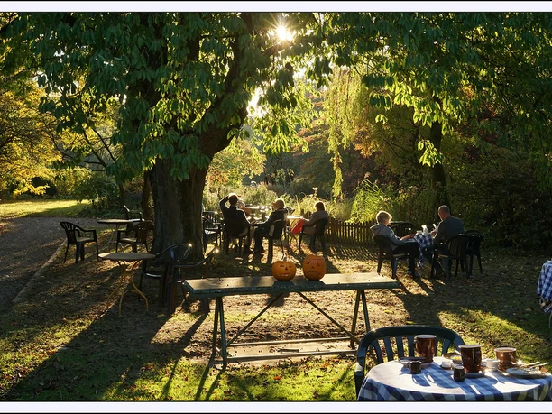 Personen sitzen an Tischen im herbstlichen Garten unter Bäumen; im Vordergrund Kürbisse auf einem Tisch.