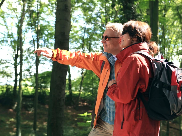 Beobachtungen am neanderland STEIG Zwei Personen in roten Jacken betrachten im neanderland STEIG den dichten Wald, eine hebt die Hand.