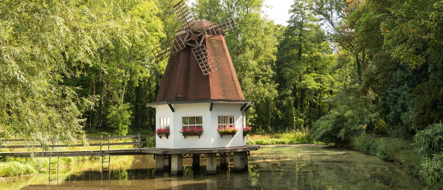Heidberger Mühle im Ittertal bei Haan Historische Windmühle im Grünen, umgeben von Bäumen, mit einem kleinen Teich im Vordergrund.