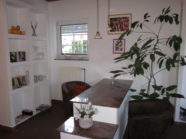 Appartement_Jainek 3.JPG Ein Wohnzimmer mit moderner Dekoration, einem kleinen Bartisch, Regalen und einem großen Pflanzengewächs.