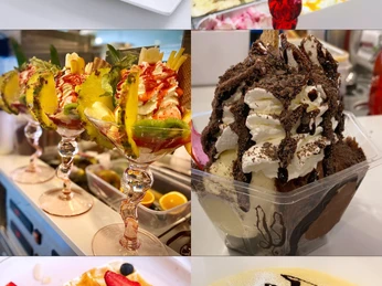 Eiscafé Venezia_Eisbecher Verschiedene kunstvoll dekorierte Eisdesserts, Waffeln und Crêpes mit frischen Früchten und Soßen.
