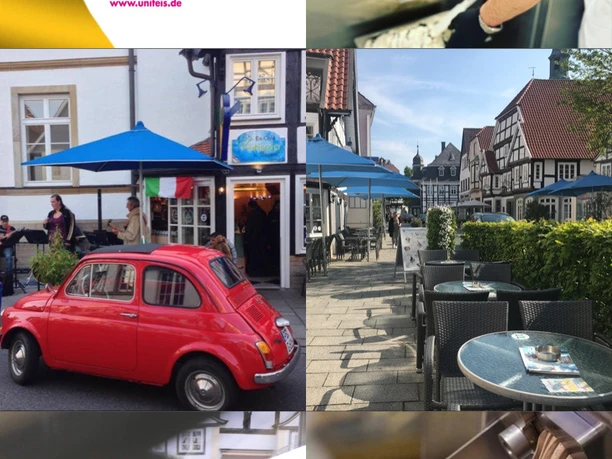 Collage mit einem Eiscafé, Eiscreme-Ausstattung, serviertem Eis und historischem Ambiente.