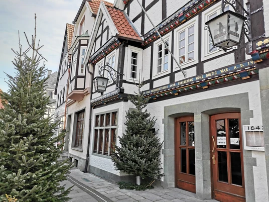 1643_Außenansicht_01 Fachwerkhäuserzeile mit winterlicher Dekoration und Tannenbäumen in historischer Altstadtstraße.