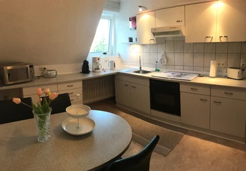 Gartenblick (1).jpeg Helle Küche mit Fenster, Herd, Mikrowelle, Kaffeemaschine, Esstisch und Blumen in einer Vase.
