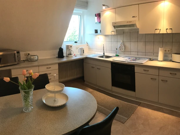 Gartenblick (1).jpeg Helle Küche mit Fenster, Herd, Mikrowelle, Kaffeemaschine, Esstisch und Blumen in einer Vase.