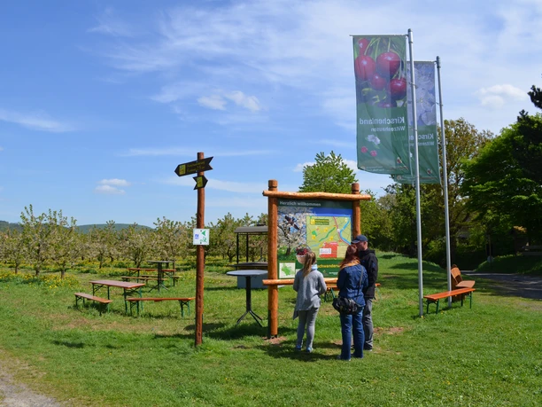 Familie am Kirschwanderwegweiser2(c)Claudia Krabbes