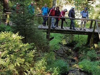 Wanderer auf einer Brücke in der Klamm