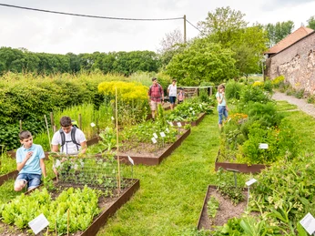 Kräutergarten der Biologischen Station von Haus Bürgel in Monheim am Rhein Besucher:innen erkunden gepflegte Kräuterbeete in einem weitläufigen Garten, umgeben von Natur.