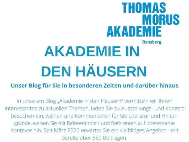 Blog Akademie in den Häusern Logo der Thomas-Morus-Akademie Bensberg mit Titel des Blogs "Akademie in den Häusern".